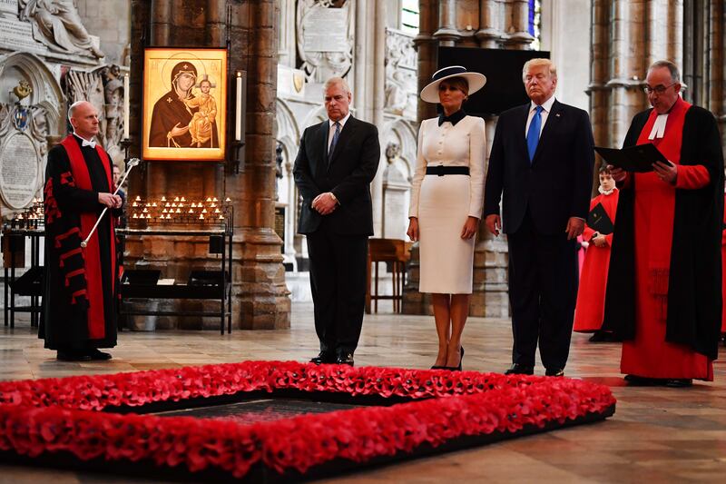 US president Donald Trump and his wife Melania, alongside Prince Andrew at the Tomb of the Unknown Warrior in Westminster Abbey in 2019.