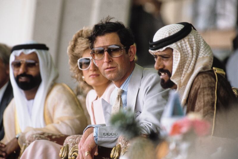 The Prince and Princess of Wales at a camel race near Al Ain during the March 1989 visit. Getty