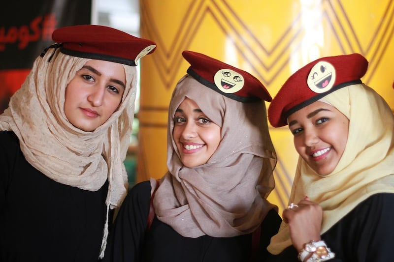 From left, Bushra Aldughaish,  Lubna Alaidarous and Nasreen Alshawish take part in the Comdey of War event held in the Yemeni capital Sanaa on May 21 and 22, 2015. Photo courtesy Mohammed Al Qalisi 