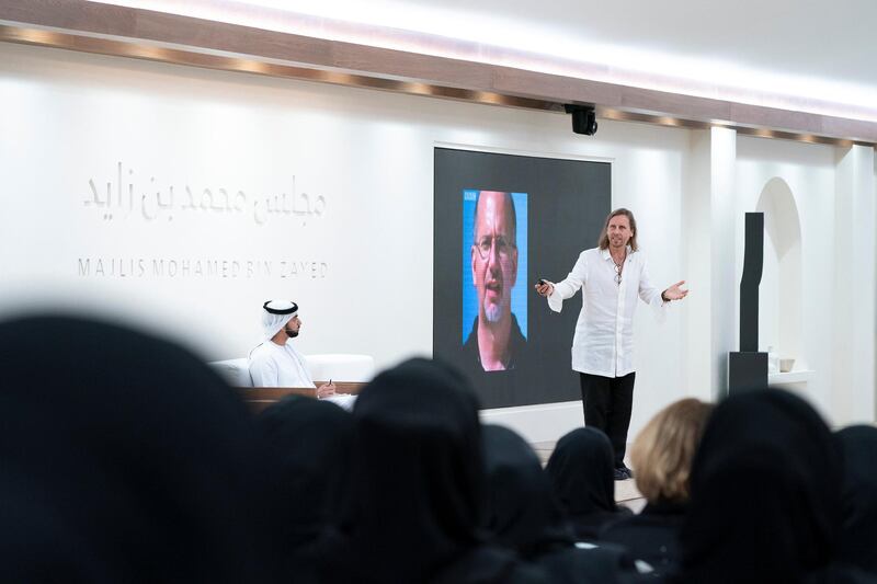 ABU DHABI, UNITED ARAB EMIRATES - May 13, 2019:  Dr Beau Lotto (R) delivers a lecture titled 'The Science of Innovation: Becoming Naturally Adaptable', at Majls Mohamed bin Zayed. 

( Eissa Al Hammadi / Ministry of Presidential Affairs )
---