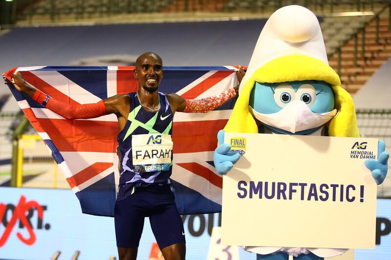 British athlete Mo Farah after breaking the one-hour world record at the Diamond League meeting at King Baudouin Stadium in Brussels on Friday, September 4. Getty