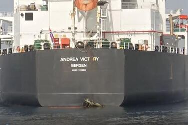 Video footage shows some damage to the Norwegian flagged Andrea Victory. Courtesy Sky News Arabia