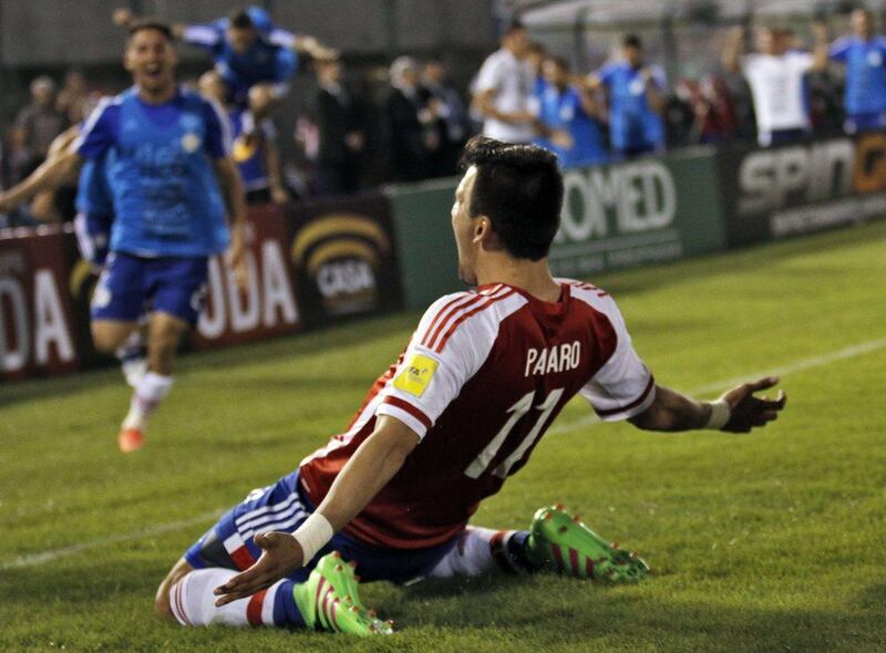 Paraguay’s Edgar Benitez celebrates after scoring against Brazil during their Russia 2018 Fifa World Cup South American Qualifiers’ football match in Asuncion, on March 29, 2016. AFP PHOTO / NORBERTO DUARTE