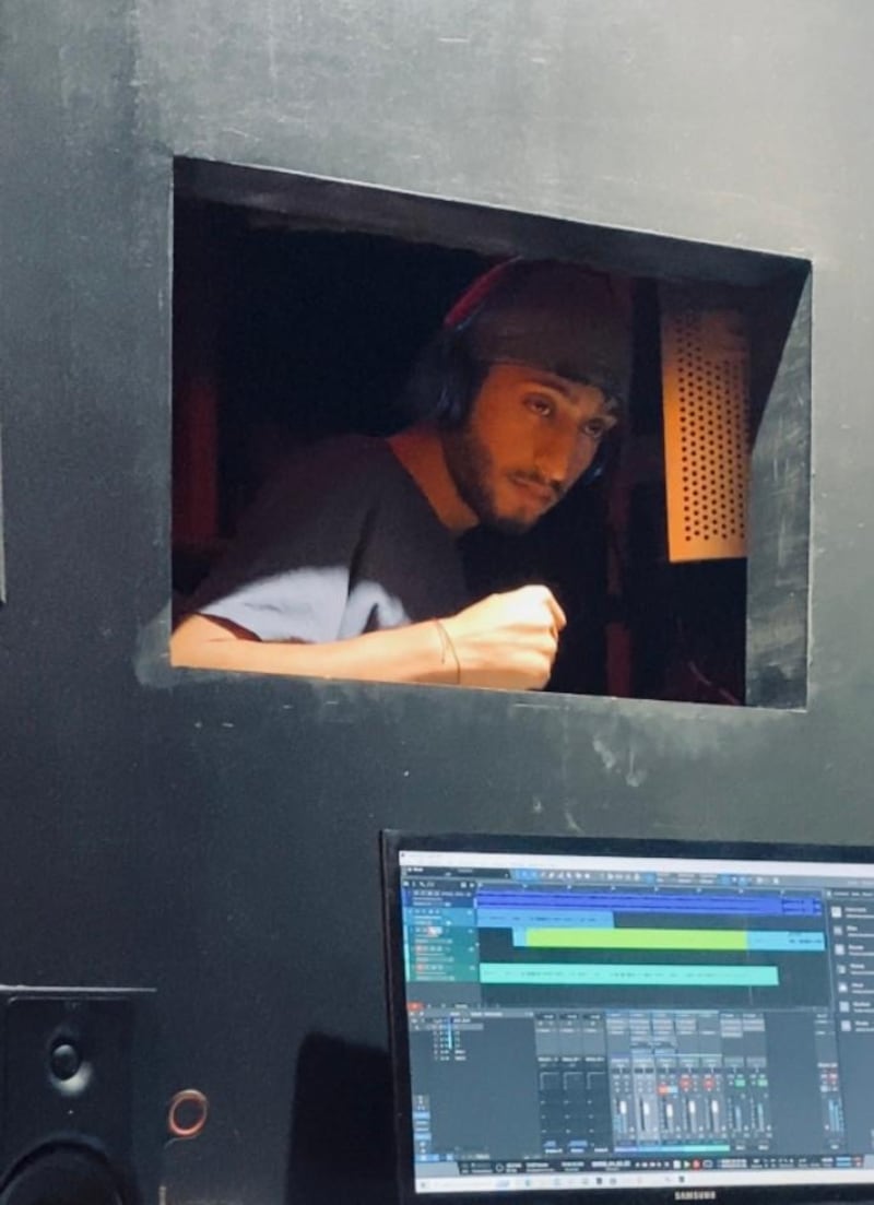 21 year old rapper Aziz Rezgui at a recording studio in Dar Fadhal Tunis for his recent song. Photo: Sarra Mastouri