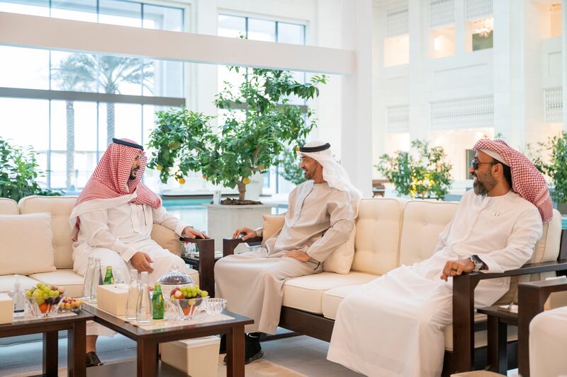 President Sheikh Mohamed and Sheikh Tahnoun bin Zayed, National Security Adviser (R), meet Prince Khalid at Qasr Al Shati.
