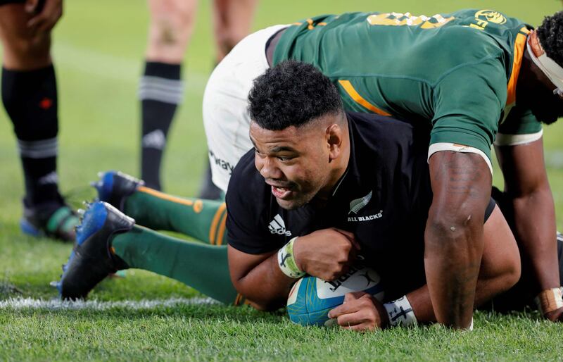 New Zealand hooker Samson Taukei'aho scores his side's second try against South Africa. AFP