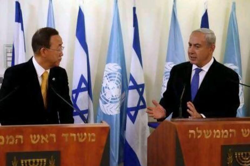 United Nations secretary-general Ban Ki-moon meets with Israeli prime minister Benjamin Netanyahu in Jerusalem. Analysts say any truce is little more than a photo opportunity for the Israeli leaders.