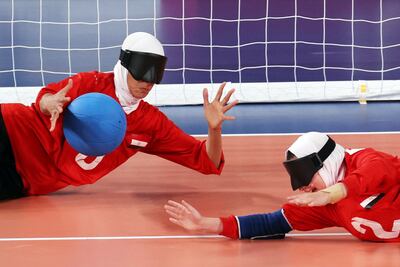 Hassnaa Elgabry and Esraa Walid Ezzeldin of Egypt at the Paralympics goalball preliminary round. Reuters