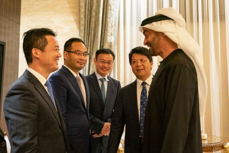 ABU DHABI, UNITED ARAB EMIRATES - November 08, 2019: HH Sheikh Mohamed bin Zayed Al Nahyan, Crown Prince of Abu Dhabi and Deputy Supreme Commander of the UAE Armed Forces (R), meets with Guo Ping, Chairman of Huawei (2nd R) and members of the Huawei delegation, at Al Shati Palace. 

( Hamad Al Mansouri for the Ministry of Presidential Affairs )​
---