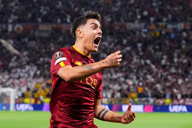 Roma's Paulo Dybala celebrates after scoring their first goal against Sevilla. AP