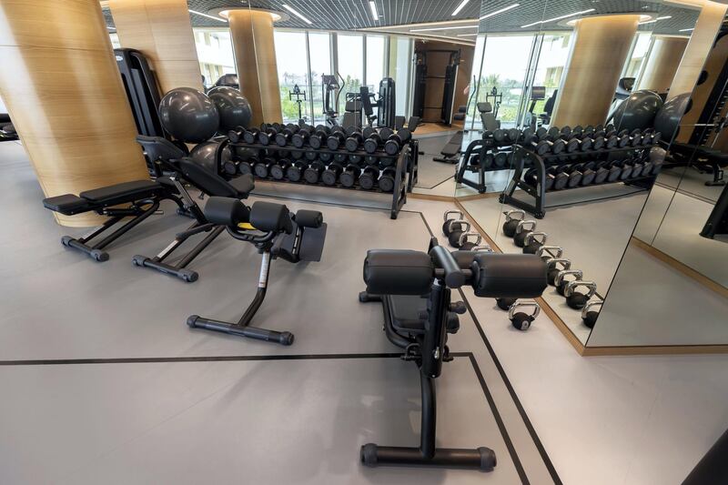 Dubai, United Arab Emirates - September 24, 2019: Gym. General views of JA Lake View hotel which opened recently. Tuesday the 24th of September 2019. Jebel Ali, Dubai. Chris Whiteoak / The National