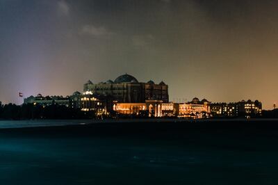Abu Dhabi, UAE. March 25th 2017. The Emirates Palace with its lights off during Earth Hour 2017 when, between 20:30 and 21:30, a WWF initiative encrouages residents and businesses to turn off their lights. In Abu Dhabi, Earth Hour achieved mixed results, with many buildings along the skyline keeping their lights on. Alex Atack for The National.  *** Local Caption ***  250317_EarthHour-8.jpg