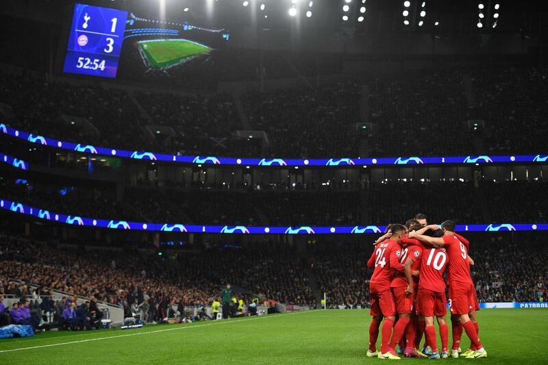 Bayern Munich winger Serge Gnabry celebrates with teammates after scoring their third goal in a 7-2 win over Tottenham Hotspur in their Champions League group match. AFP