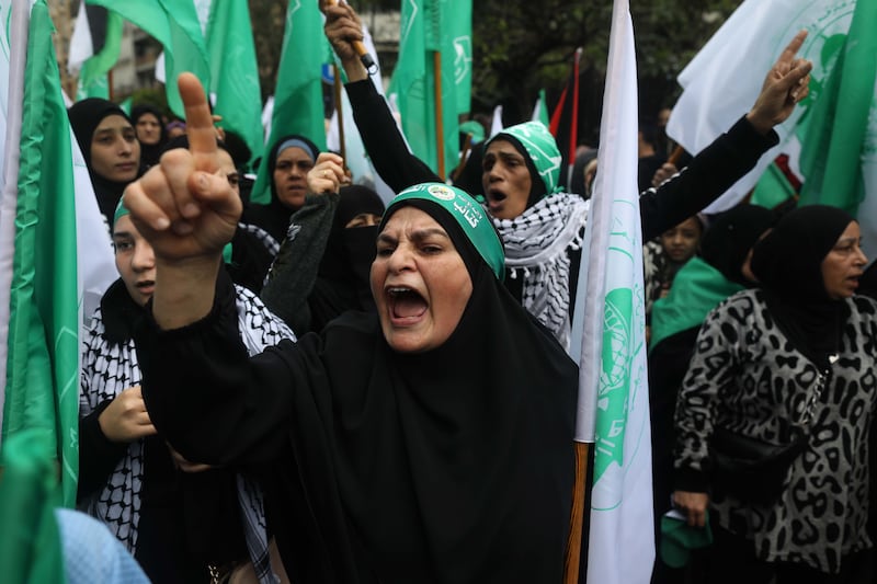 Supporters of Hamas and other Palestinian and Lebanese political factions gather for the funeral in Beirut. Getty Images