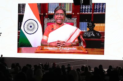 India's President Droupadi Murmu, spoke about women's rights in a recorded message. Pawan Singh / The National 