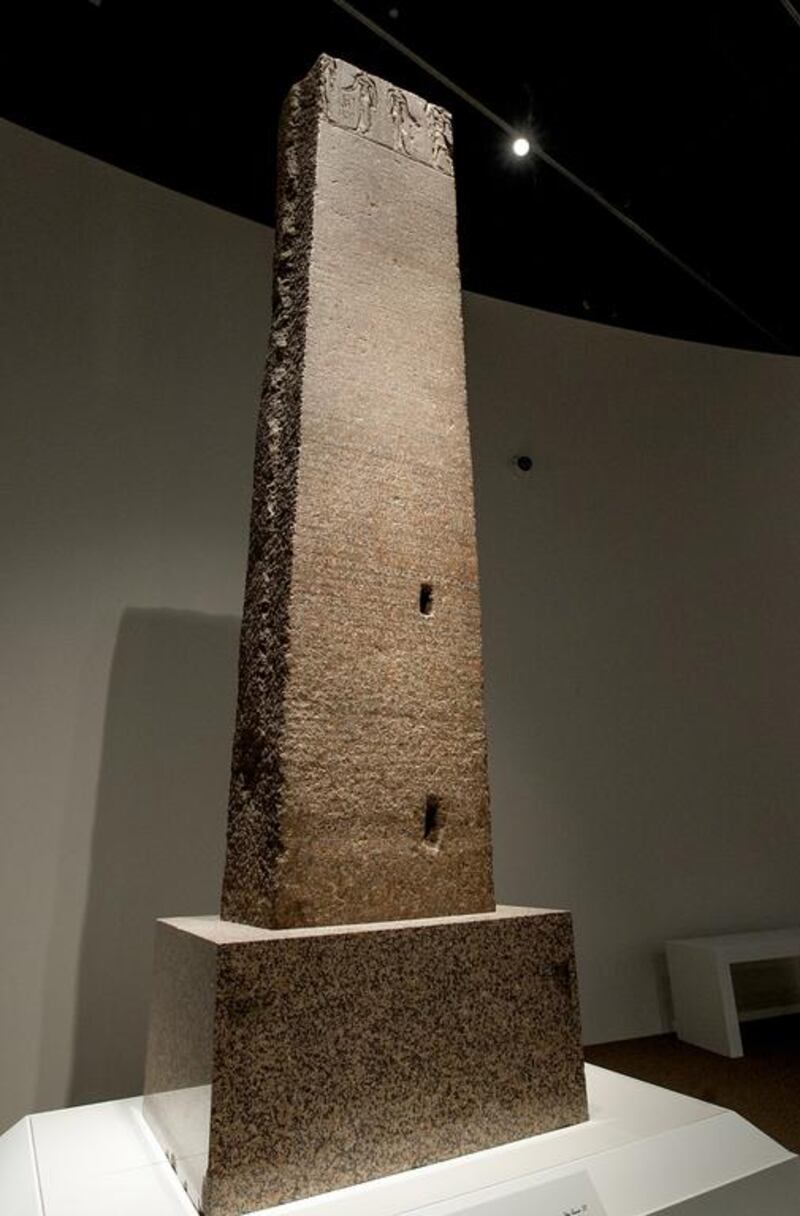 Ptolemaic Stela, red granite, Italy, part of the 100 Objects exhibition in Manarat Al Saadiyat. Mona Al-Marzooqi / The National