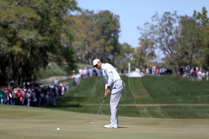 Tiger Woods misses a putt for birdie at the 8th green while playing the Copperhead Course on Friday, March 9, 2018, during the second round of the Valspar Championship at the Innisbrook Golf and Spa Resort in Palm Harbor, Fla. (Douglas R. Clifford/The Tampa Bay Times via AP)