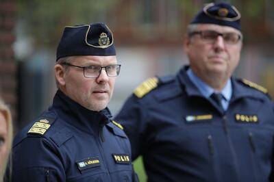 Klas Johansson, Regional Police Chief in Gothenburg, right, and Anders Borjesson, Chief of Police in Gothenburg at a press conference about the explosion. EPA