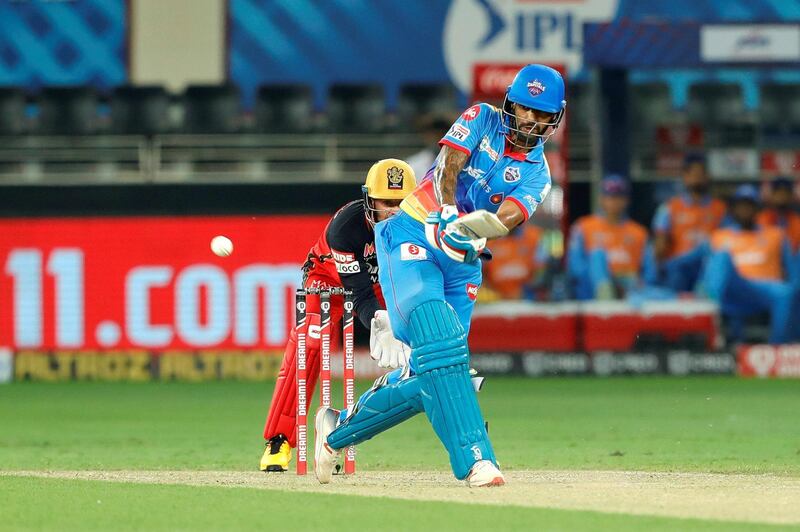 Shikhar Dhawan of Delhi Capitals batting during match 19 of season 13 of the Dream 11 Indian Premier League (IPL) between the Royal Challengers Bangalore and the 
Delhi Capitals held at the Dubai International Cricket Stadium, Dubai in the United Arab Emirates on the 5th October 2020.  Photo by: Saikat Das  / Sportzpics for BCCI