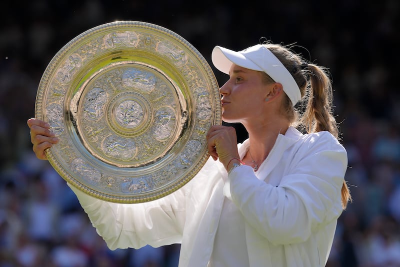 Elena Rybakina after beating Ons Jabeur in the Wimbledon final at the All England Club on Saturday, July 9, 2022. AP