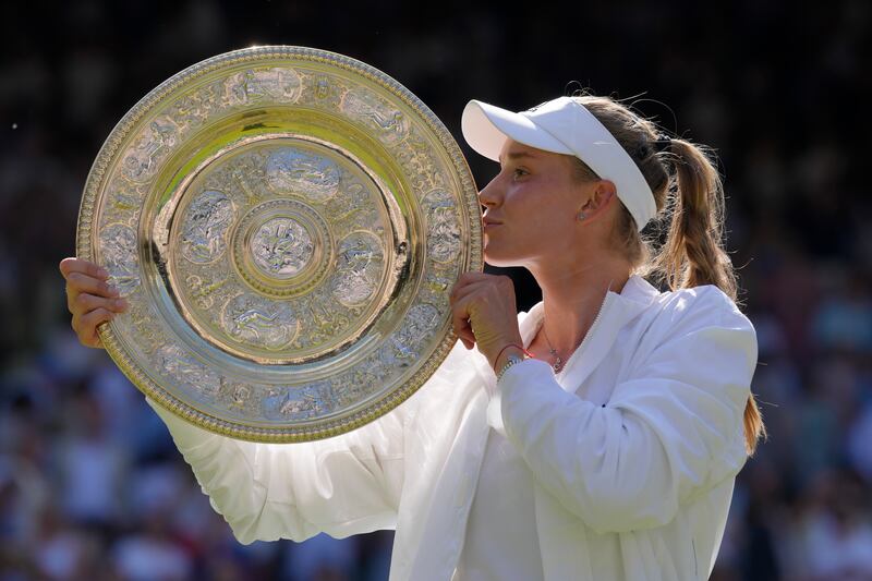 Elena Rybakina after beating Ons Jabeur in the Wimbledon final at the All England Club on Saturday, July 9, 2022. AP