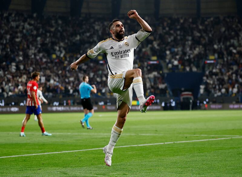 Dani Carvajal celebrates scoring Real Madrid's third goal in the Spanish Super Cup semi-final. Reuters