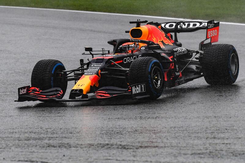 Red Bull's Max Verstappen drives behind the safety car. AFP