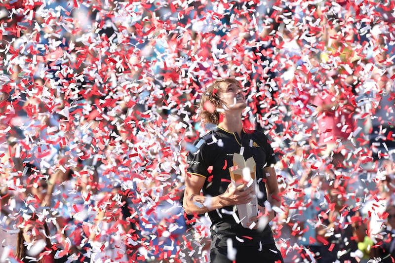 Confettis fall on Alexander Zverev of Germany after his win against Roger Federer of Switzerland at the Rogers Cup in Montreal Canada.