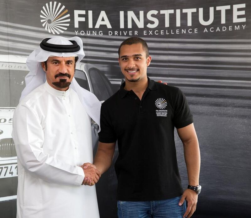 Saudi Arabia´s Abdullah Bamogaddam is congratulated by Dr Mohammed Ben Sulayem after earning selection in Abu Dhabi to the FIA Institute´s 2013/14 Young Driver Excellence Academy. Courtesy FIA Institute