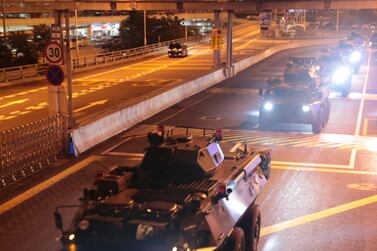 Chinese troops enter Hong Kong on August 29, 2019 during an annual rotation of te territory's garrison. Xinhua via Reuters