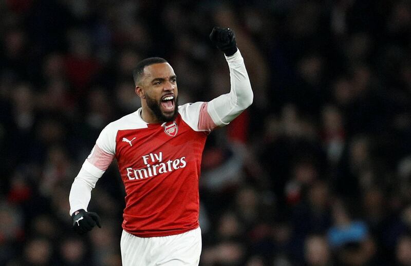 Soccer Football - Premier League - Arsenal v Chelsea - Emirates Stadium, London, Britain - January 19, 2019  Arsenal's Alexandre Lacazette celebrates scoring their first goal   Action Images via Reuters/John Sibley  EDITORIAL USE ONLY. No use with unauthorized audio, video, data, fixture lists, club/league logos or "live" services. Online in-match use limited to 75 images, no video emulation. No use in betting, games or single club/league/player publications.  Please contact your account representative for further details.     TPX IMAGES OF THE DAY