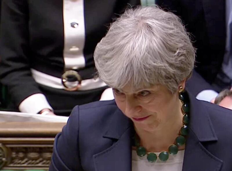 Britain's Prime Minister Theresa May speaks in Parliament, following the vote on Brexit in London, Britain, March 13, 2019, in this screen grab taken from video. Reuters TV via REUTERS?     TPX IMAGES OF THE DAY