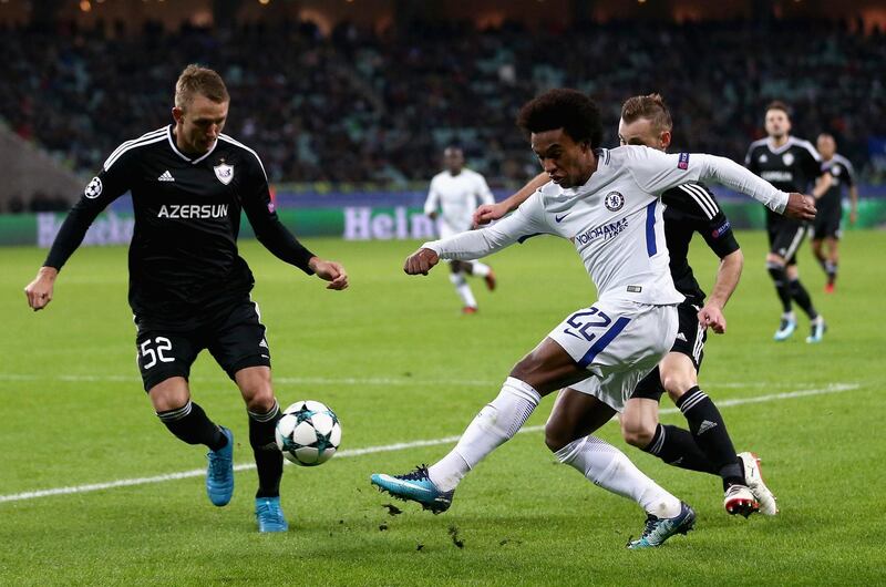 Willian puts in a cross during Chelsea's Uefa Champions League match against Qarabag.  Francois Nel / Getty Images