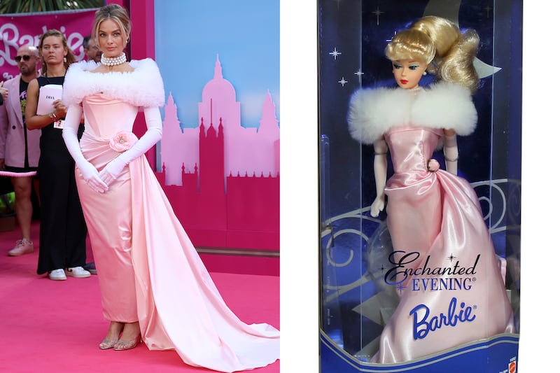 London: For the UK premiere, Robbie channelled Enchanted Evening Barbie from 1960 in a custom Vivienne Westwood gown. Photo: Getty Images / Mattel