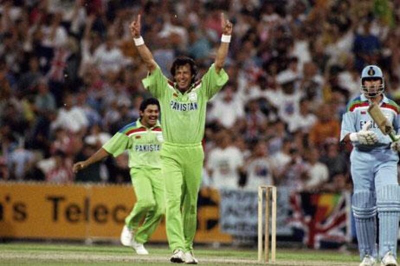 Imran Khan, the Pakistan captain, dismisses England’s last batsman to win the 1992 World Cup Final in Melbourne, Australia.