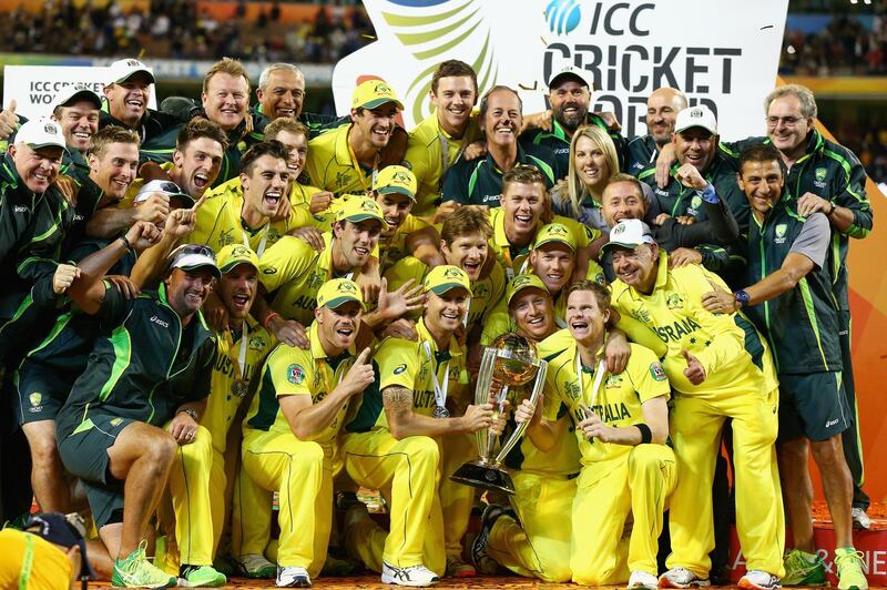 MELBOURNE, AUSTRALIA - MARCH 29: Australian captain Michael Clarke, Australian players and support staff celebrate winning the 2015 ICC Cricket World Cup final match between Australia and New Zealand at Melbourne Cricket Ground on March 29, 2015 in Melbourne, Australia.  (Photo by Cameron Spencer/Getty Images)
