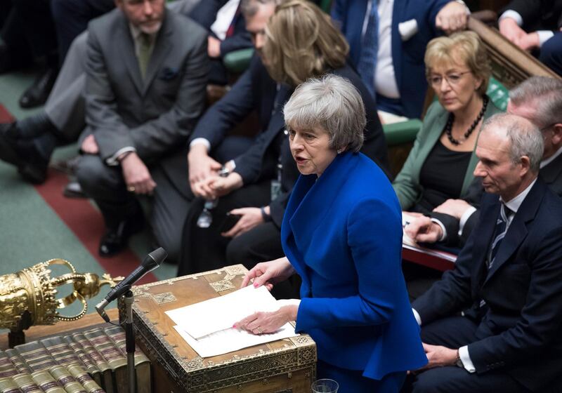 Britain's Prime Minister Theresa May speaks to parliament after she won a no-confidence vote against her government, in the House of Commons, London, Wednesday Jan. 16, 2019.  Prime Minister Theresa May won the no confidence vote called for by opposition Labour Party leader Jeremy Corbyn, following the dramatic failure of the government Brexit vote. (Jessica Taylor, UK Parliament via AP)