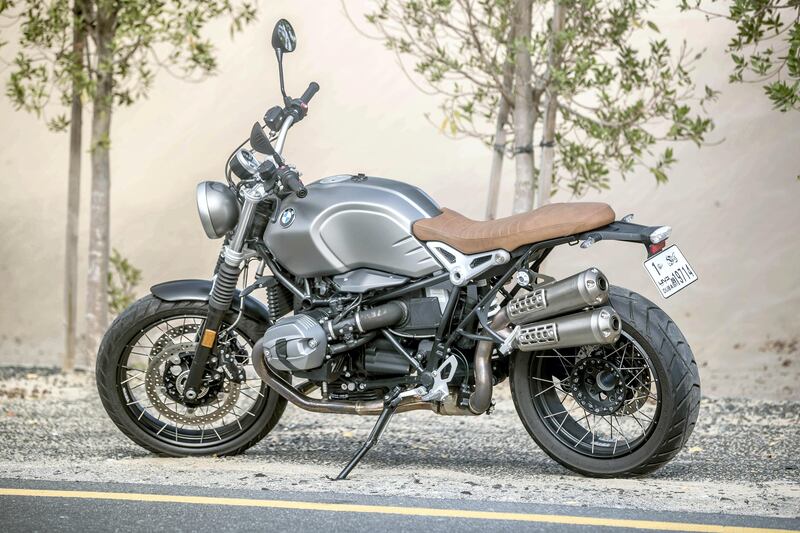 DUBAI, UNITED ARAB EMIRATES. 23 September 2017. Review of the BMW RnineT Scrambler motorcycle for Motoring. 1200cc Air/oil-cooled flat twin ('Boxer') 4-stroke engine,with a constant mesh 6-speed gearbox with a max speed of over 200km/h. (Photo: Antonie Robertson/The National) Journalist: Antonie Robertson. Section: Motoring.