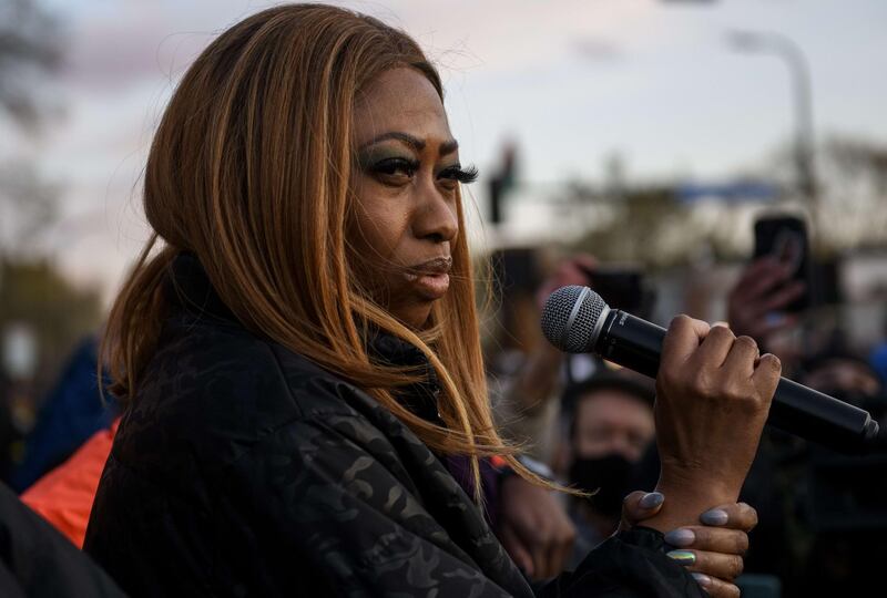 Paris Stevens, cousin of George Floyd, speaks at George Floyd Square after the guilty verdict in the Derek Chauvin trial in Minneapolis, Minnesota. AFP