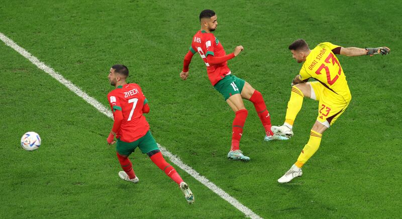 SPAIN RATINGS: Unai Simon, 7 - Couldn’t quite hold a 32nd minute powerful shot from Mazraoui but then grabbed hold of it. Saved a 104th minute shot from Cheddira. Saved Morocco’s third penalty. 

Getty