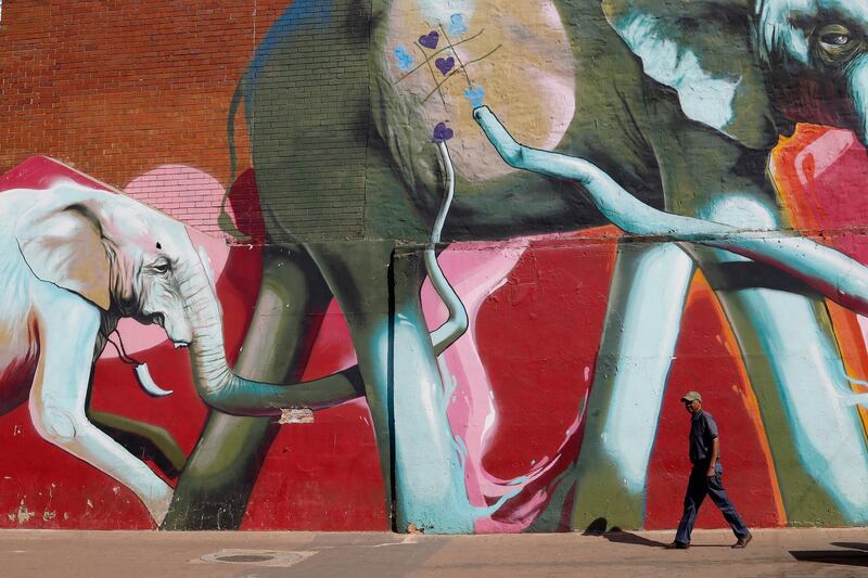 A man walks in front of a huge graffiti artwork depicting elephants in downtown Johannesburg, South Africa.  EPA