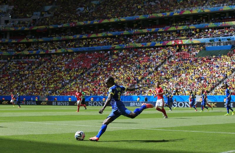 Ecuador forward Enner Valencia kicks the ball during his side's Group E match on Sunday against Switzerland at the 2014 World Cup. Adrian Dennis / AFP