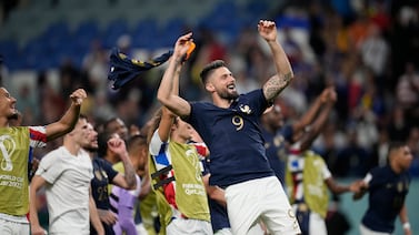 France's Olivier Giroud celebrates the win against Australia after the Group D match at Al Janoub Stadium in Qatar on Tuesday. AP