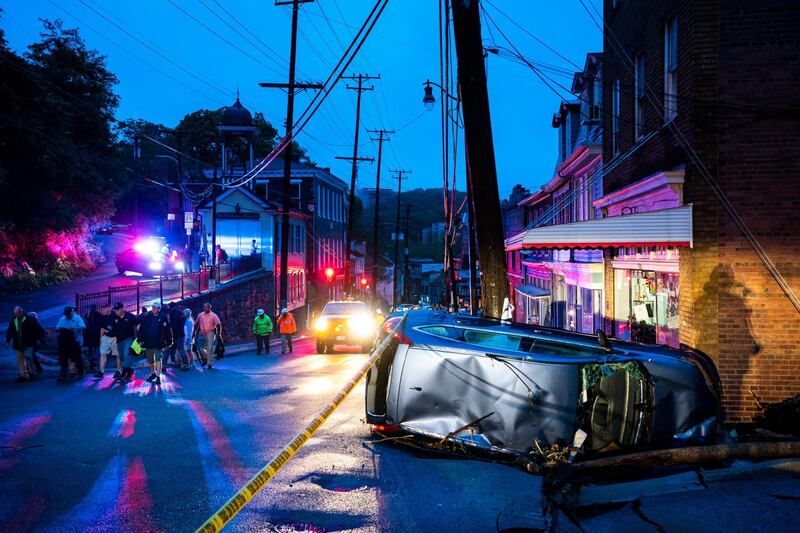 Damage on Main Street after a flash flood rushed through the historic town of Ellicott City, Maryland, USA, 27 May 2018. The National Weather Service stated as much as 9.5 inches of rain fell in the area.  Jim Lo Scalzo / EPA