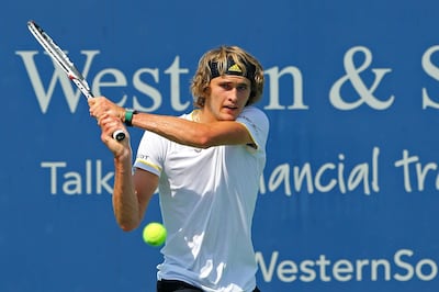 Aug 16, 2017; Mason, OH, USA; Alexander Zverev (GER) returns a shot against Frances Tiafoe (USA) during the Western and Southern Open at the Lindner Family Tennis Center. Mandatory Credit: Aaron Doster-USA TODAY Sports