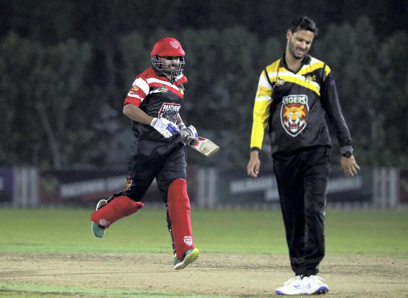 Ajman, United Arab Emirates - Reporter: Paul Radley. Sport. Cricket. Panther's Sardar Bahazad bats during the game between Panthers vs Tigers in the Karwan Rising Stars F40 Final. Thursday, February 11th, 2021. Ajman. Chris Whiteoak / The National