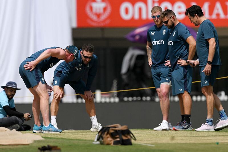 The England team inspect the pitch at the JSCA Stadium in Ranchi ahead of the fourth Test against India. AFP