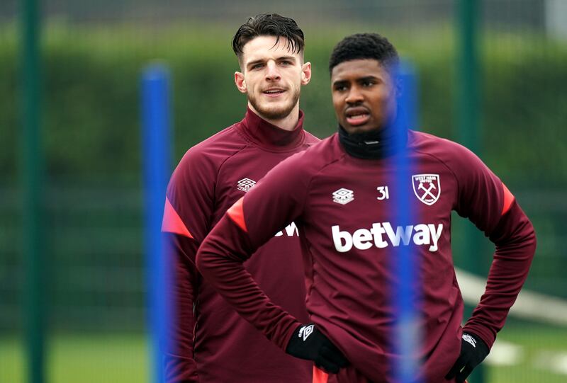 West Ham's Declan Rice, left, and Ben Johnson during training. PA