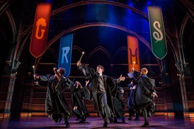 This image released by Boneau/Bryan-Brown shows a scene from the production of"Harry Potter and the Cursed Child," in New York. The Tony Awards race is dominated by big established brands, including Disney's â€œFrozen,â€ J.K. Rowling's â€œHarry Potterâ€ franchise, Tina Fey's â€œMean Girlsâ€ and Nickelodeon's â€œSpongeBob SquarePants.â€ The nominations for the 72nd Tony Awards will be announced on Tuesday, May 1. (Matthew Murphy/Boneau/Bryan-Brown via AP)
