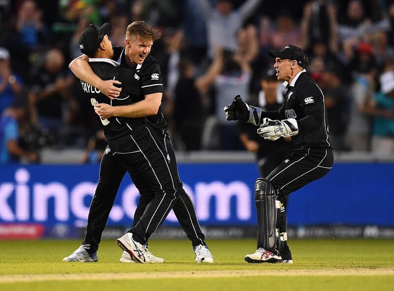 MANCHESTER, ENGLAND - JUNE 22:  Jimmy Neesham of New Zealand celebrates as New Zealand win the Group Stage match of the ICC Cricket World Cup 2019 between West Indies and New Zealand at Old Trafford on June 22, 2019 in Manchester, England. (Photo by Clive Mason/Getty Images)